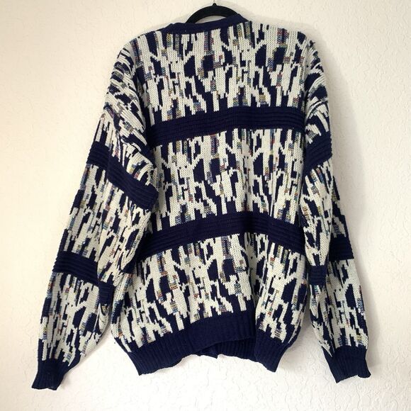 VTG Koman Sweater Cardigan Men XL Navy Blue Cream Abstract Button Grandpa Preppy - Picture 2 of 8